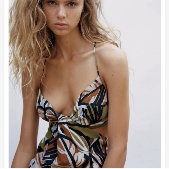 Zara 8054/528/505 Zara Cutouts Tropical Print Linen Mini Dress sz S - Picture 2 of 13